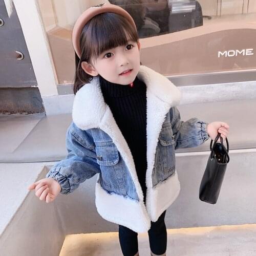 Boys' and girls' denim Plush coat 2021 new winter baby denim splicing warm cotton padded jacket girls' cotton padded jacket