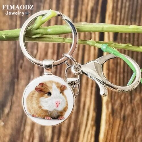 FIMAODZ Cute Guinea Pig Lobster Clasp Keychain Cartoon Animal Picture Glass Round Pendant Car Key Chains Keyring Gift