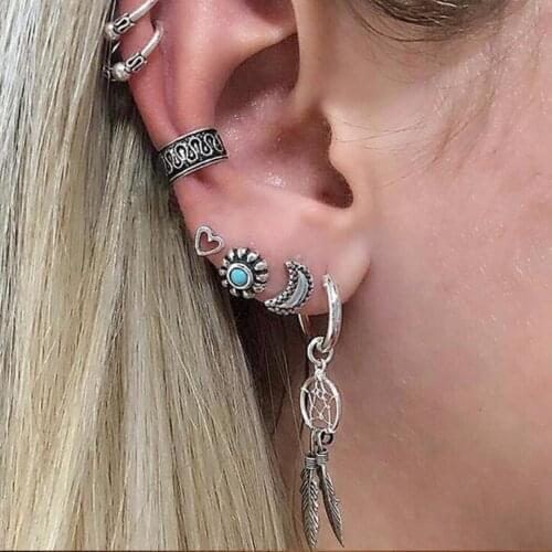 Punk Ear Clip Set Jewelry Findings & Components Bohemian Lady Silver Color Ear Cuff Clip Stud Wrap Earring Set Gifts Shellhard