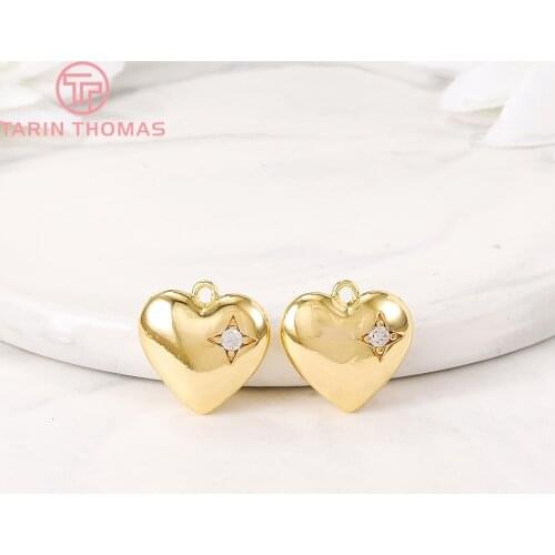 4PCS 15x15MM 24K Gold Color Brass with Zircon Heart Charm Pendants for DIY Jewelry Making Findings Accessories