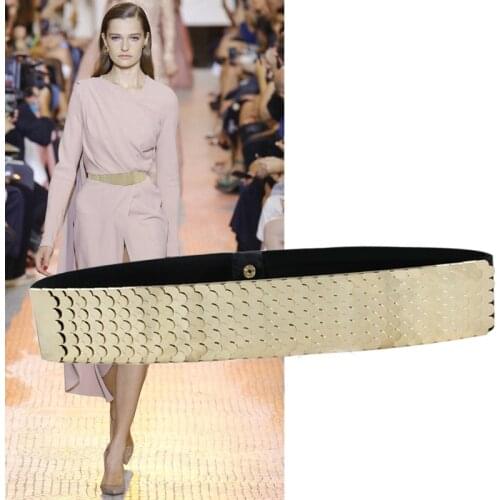 Fashion Female Gold Fish Scale Metal Elastic Wide Girdle For Women Europe Nightclub Party Shiny Accessories Waist Belt Waistband