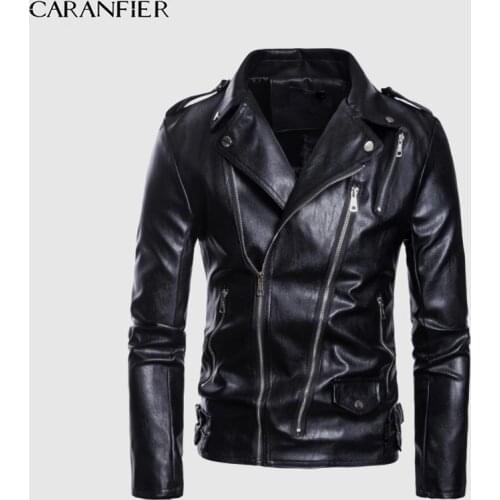 CARANFIER Mens Leather Jackets Autumn Bomber Motorcycle Zipper Slim Fit Punk Coats Windproof Pockets Outerwear Chaqueta Hombre