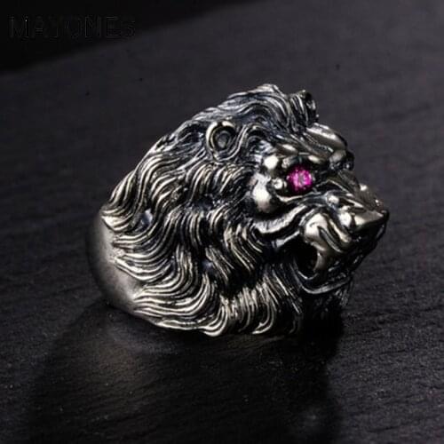 MAYONES Real 925 Sterling Silver Lion King Ring For Men With Red Eyes Inlaid CZ Stone Animal Male Ring Fine Jewelry