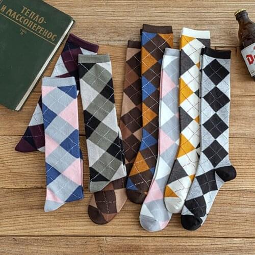 For Summer 1Pair Knee-high Socks Woman Socks College Style Rhombus Pattern Cotton Japanese Style