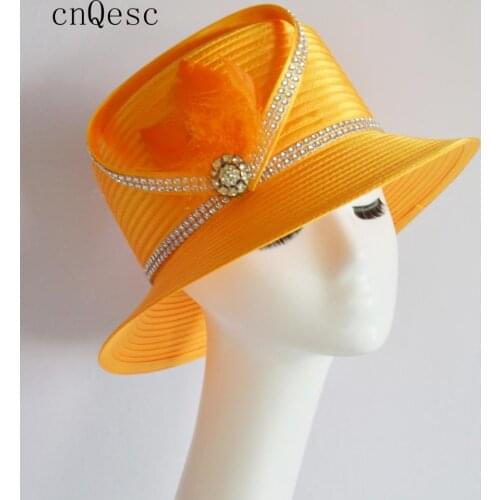 Orange Ladies Formal Dress Hat satin hat feather fascinator for Kentucky Derby Church