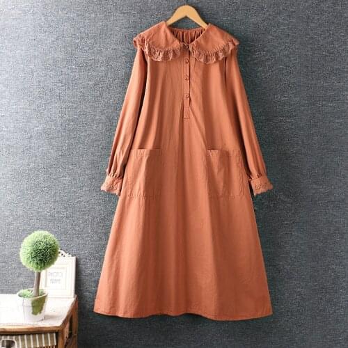 Autumn New Japanese Style Small Fresh Solid Color Long Sleeve Loose Dress Women Casual Daily Wear