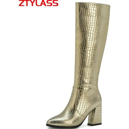 Autumn Women Boots Faux Leather Knee High Boots Fashion Zipper Pointed Toe High Heel Boots Black Gold Green