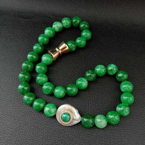 YYGEM 18" Coin Pearl Green Jade CZ Pave Malachite Necklace