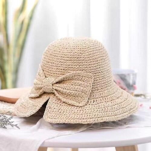 Hot Sale Girls Fashion Bow Bucket Hats Outdoors Shopping Sunhat Handmade Crochet Cap Cool Head Accessories For Female