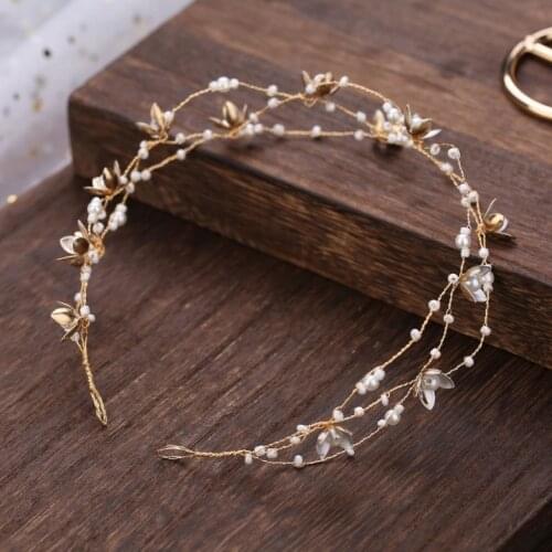 Vintage Bride Handmade Gold Pearl Headband Flower Headpiece Bridal Girls Tiara Wedding Hair Accessories Women Hair Jewelry