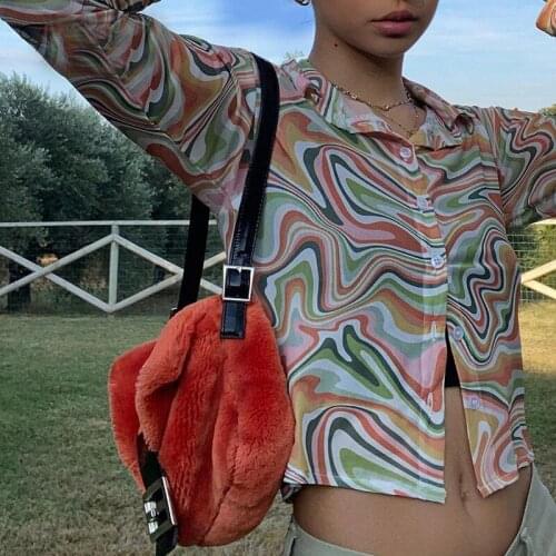 Sexy Water Ripple Perspective Shirt Long Sleeve Lapel Single-breasted Exposed Navel Tops Slim Female Wild Mesh Cropped Shirts