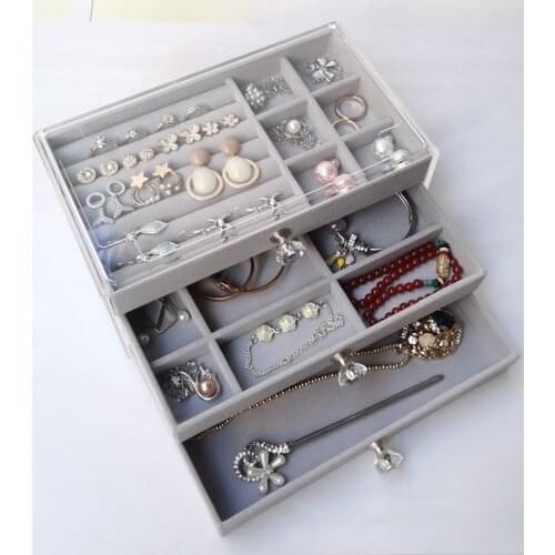Four-drawing Transparent Jewelry Box Necklace Organizer Stud Earrings Ring Watch Display Stand Flannel Tray Jewellery Storage