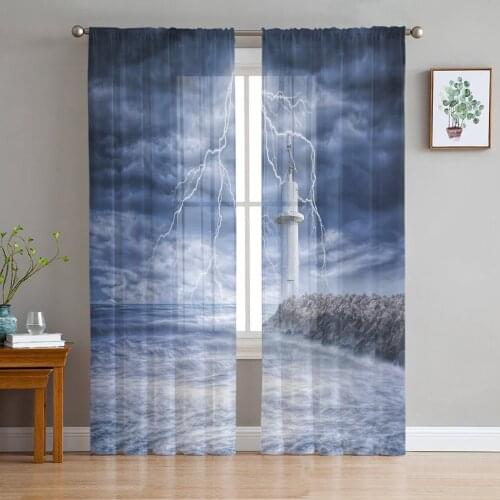 Sheer Curtains For Living Room Tower Sea Lightning Sky Scenery Bedroom Balcony Large Curtains Kitchen Dining Room Voile Curtains