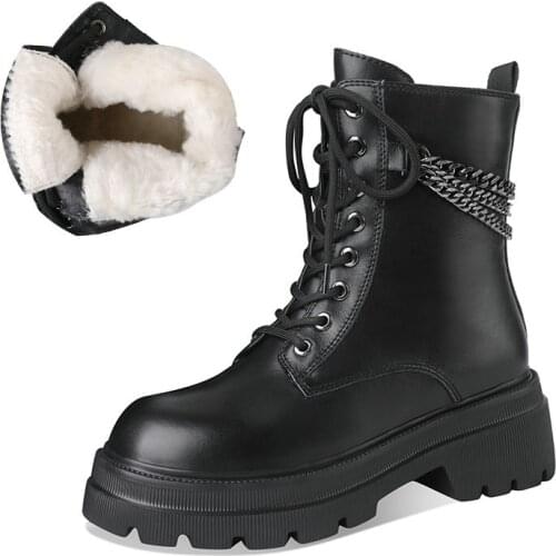 2020 Winter Genuine Leather Pure Wool Womens Shoes Round Toe Bottom Martens Boots Wool Warm Snow Boots