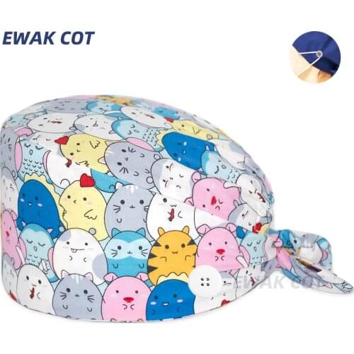 Cartoon anime printing hats adjustable scrub hat beauty salon working cap laboratory pet shop nursing scrub cap with button