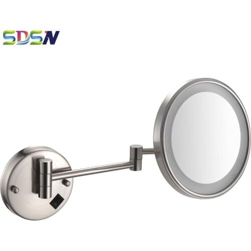LED Bathroom Mirror SDSN Brushed Nickel Bath Mirrors Inwall Folding Cosmetic Mirror 3X LED Mirrors 8 Inch Round Bath Mirrors