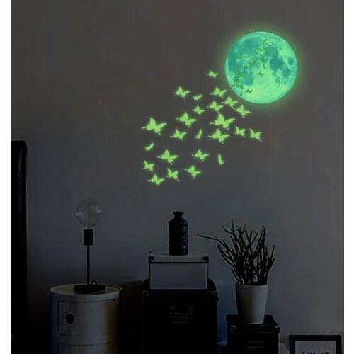 Luminous Moon butterfly 3D Wall Sticker bedroom living kids room home decoration decals Glow in the dark combination Stickers