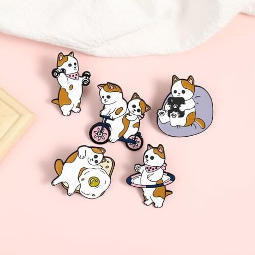 5pcs/set Funny Cute Cats Enamel Pins Dog Egg Bike Dumbbells Brooches Cartoon Bag Lapel Pin Shirt Badge Jewelry for Kids Friends