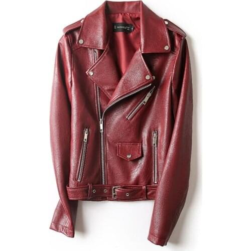 Korean Women Wine Red Faux PU Leather Coat Plus Size Slim Short Motorcycle Biker Jacket Long Sleeve Spring Autumn Casual Fashion