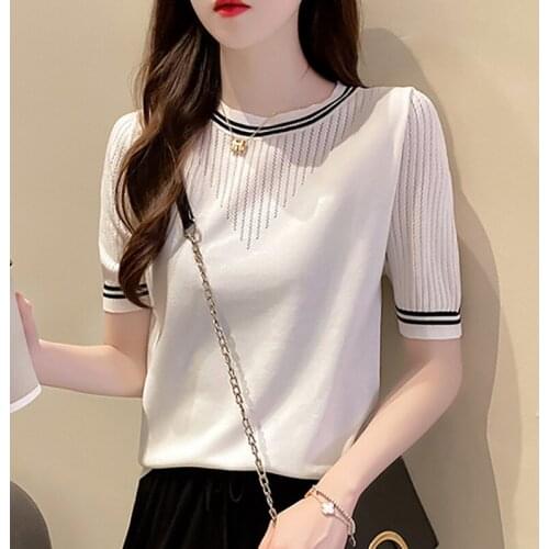 2021 Summer Thin White Black Short Sleeve Sweater Knitted O Neck Soft High Elasticity Pullover Korean Fashion Clothing For Women