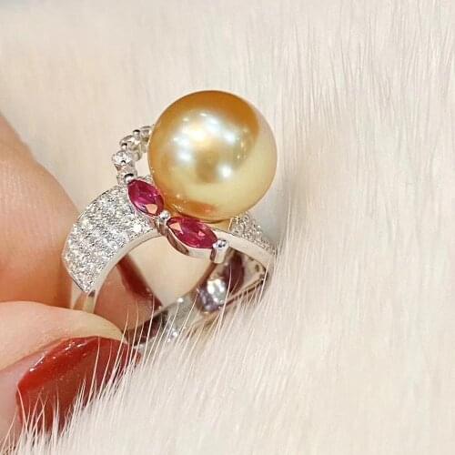 D409 Pearl Ring Fine Jewelry 925 Sterling Silver Natural 10-11mm Round Fresh Water Golden Pearls Rings for Women