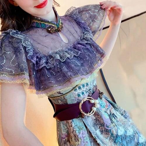 High Quality Luxury runway Summer Stitching Net Yarn Heavy Industry Lace Color Contrast Printed Floral Womens Dress 2021