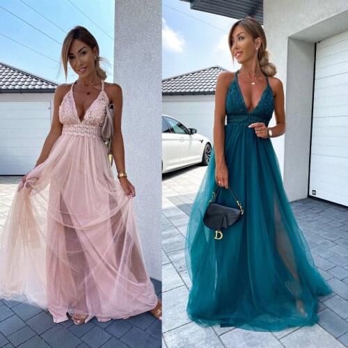 Lady Sexy Backless Party Dress Elegant Deep V Neck Lace Mesh Maxi Dress Women Sleeveless Off Shoulder Long Dresses