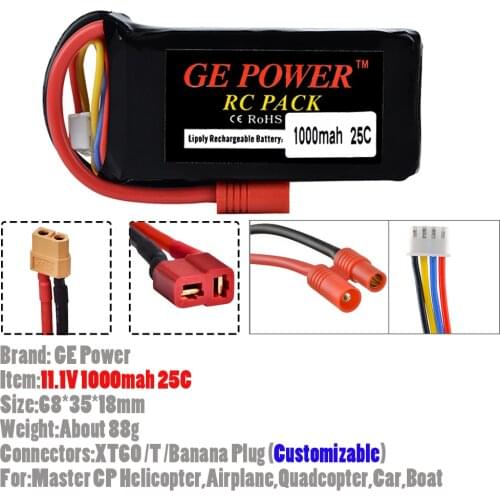 2Pcs/lot GE Power 11.1V 1000mah 25C RC Lipo With T /XT60 /Banana Plug For Master CP Helicopter Airplane Quadcopter Car Boat Toys