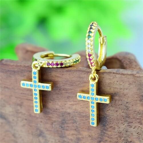2021 New Fashion Jewelry Gold Color Blue CZ Zircon Cross Dangle Earrings for Women