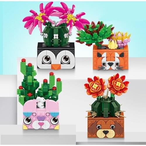 4pcs/set Bouquet Potted Building Blocks Home Plant Bonsai Succulent Cactus Desktop Decoration DIY Bricks Childrens Toy Gift