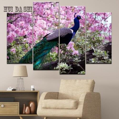 Abstract Wall Art Painting HD Print 4 Pieces animal blue peacock Canvas Poster Frame Living Room Home Decoration Modular Picture