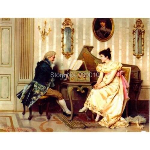 Free shipping count figure oil painting canvas prints classical couples to play piano printed on canvas wall decor picture