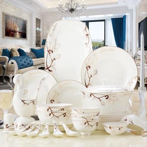 Tangshan Bone 60PIECES Porcelain Bowls and Dishes with Pottery Bowls and Plates with Soup Bowls and Noodles