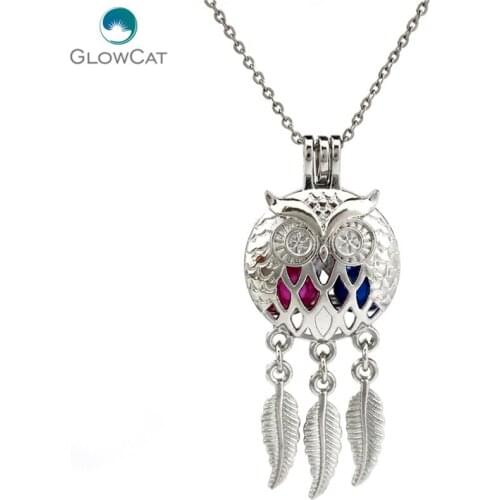 K707 Silver Alloy Beaty Dream Catcher Owl leaf Pearl Cage Pendant Chain Aroma Essential Oil Diffuser Locket Necklace
