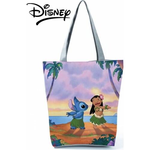 Disney Lilo Stitch Cartoon Printed Handbag Fashion High Capacity Eco Reusable Shoppaing Bag Girl Women Travel Beach Tote Bag