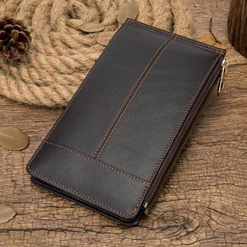 Genuine Leather Men Wallet Multi-card bit Purse Bag Clutch Handy Card Holder Coin Pocket Male Vintage Double Zipper Long Wallet
