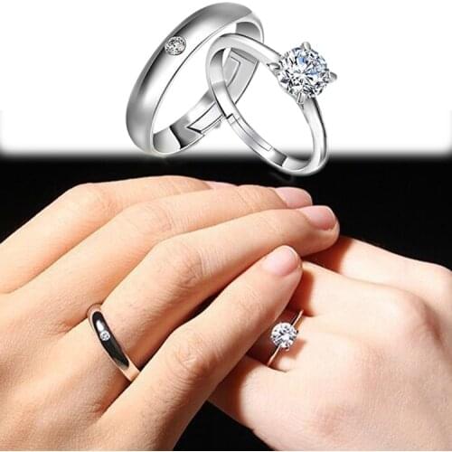 New Arrival Trendy Charming Adjustable Silver Plated Four Prong Rhinestones Inlaid Lovers Couple Rings