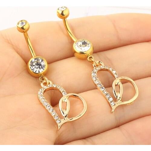 New Heart Gold Belly Button Rings Fashion Surgical Steel Bar Barbell Drop Dangle Navel Rings Belly Piercing Body Jewelry