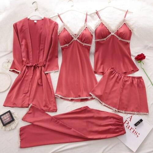New Women Sexy Pajamas 5PCS Satin Sleepwear Pijama Lace Home Wear Homewear Cloth Embroidery Sleep Lounge Pyjama with Chest Pads