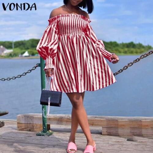 Off Shoulder Dress 2021 VONDA Vintage Party Striped Dress Female Women Sundress Casual Pleated Tunic Vestido Oversized