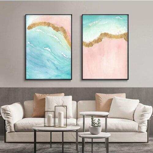Pop Abstract Pink Gold Beach Blue Waves Oil Paintings Modern Dining Living Room Wall Art Pictures Decorative Poster and Prints