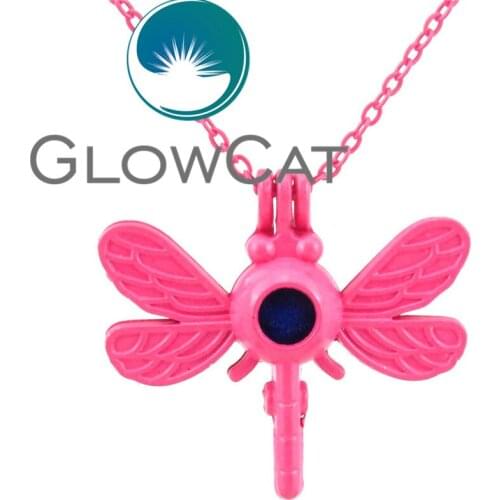 RR13 Hot Pink Animal Dregonfly Design Oyster Pearl Beads Cage Aromatherapy Essential Oil Diffuser 18'' Necklace Locket Cage