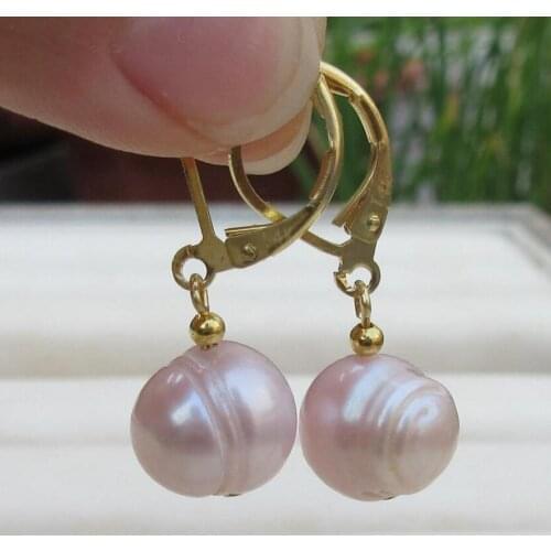 Free Shipping AAA 9-10mm South Sea pink purple Baroque Pearl Earrings YELLOW GOLD