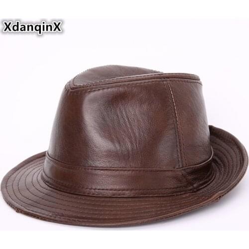 XdanqinX New Mens Genuine Leather Fedoras Hat Winter Cowhide Leather Jazz Hats High Quality Elegant Fashion Womens Brand Cap