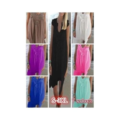 Summer Street Lace Stitching Chiffon Loose Dress Solid Color V-neck Sexy Beach Style Mini Dress Fashion Elegant Ladies Clothing