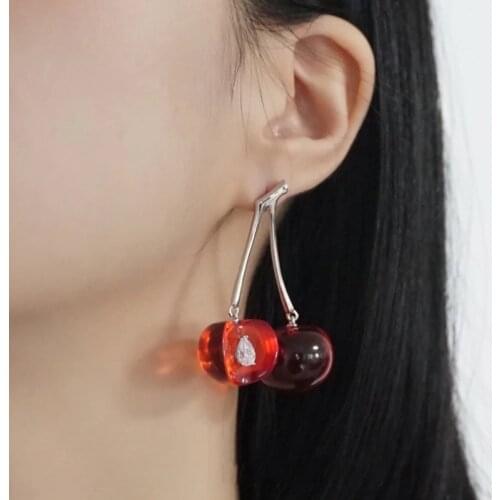 U-Magical Exaggerated Asymmetric Cherry Transparent Red Color Dangle Earrings for Women Unusual Rhinestone Earrings Pendientes