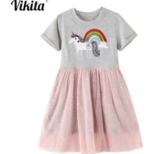 VIKITA Girls Cartoon Dress Toddlers Princess Summer Short Sleeve Dresses Children Patchwork Vestidos Kids Unicorn Clothes