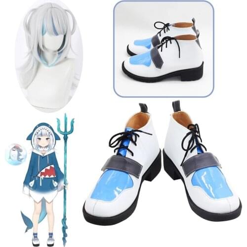 VTuber Hololive Gawr Gura Cosplay Wig White Mixed Bule Hair Long Cosplay Shoes Boots Halloween Party Props
