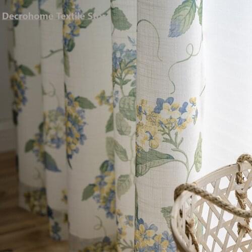 Blue American-Style Country Hydrangea Fresh Cotton and Linen Window Curtain Living Room Curtains for Bedroom Sheer Curtains