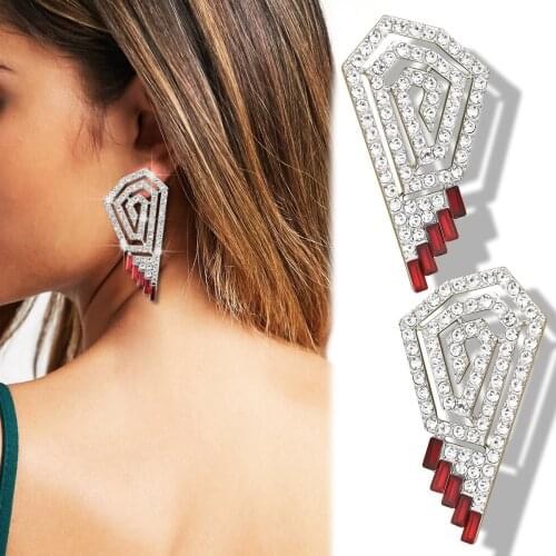 Art Deco Earrings For Women Spiral Red Crystal Pave Silver Plated Party Statement Drop Dangle Ear Studs Brincos Jewelry Bijoux